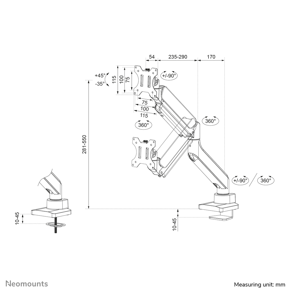 Neomounts DS70-450WH1 Braccio per monitor 17-42" - molla a gas - Topfix - 180°-stop